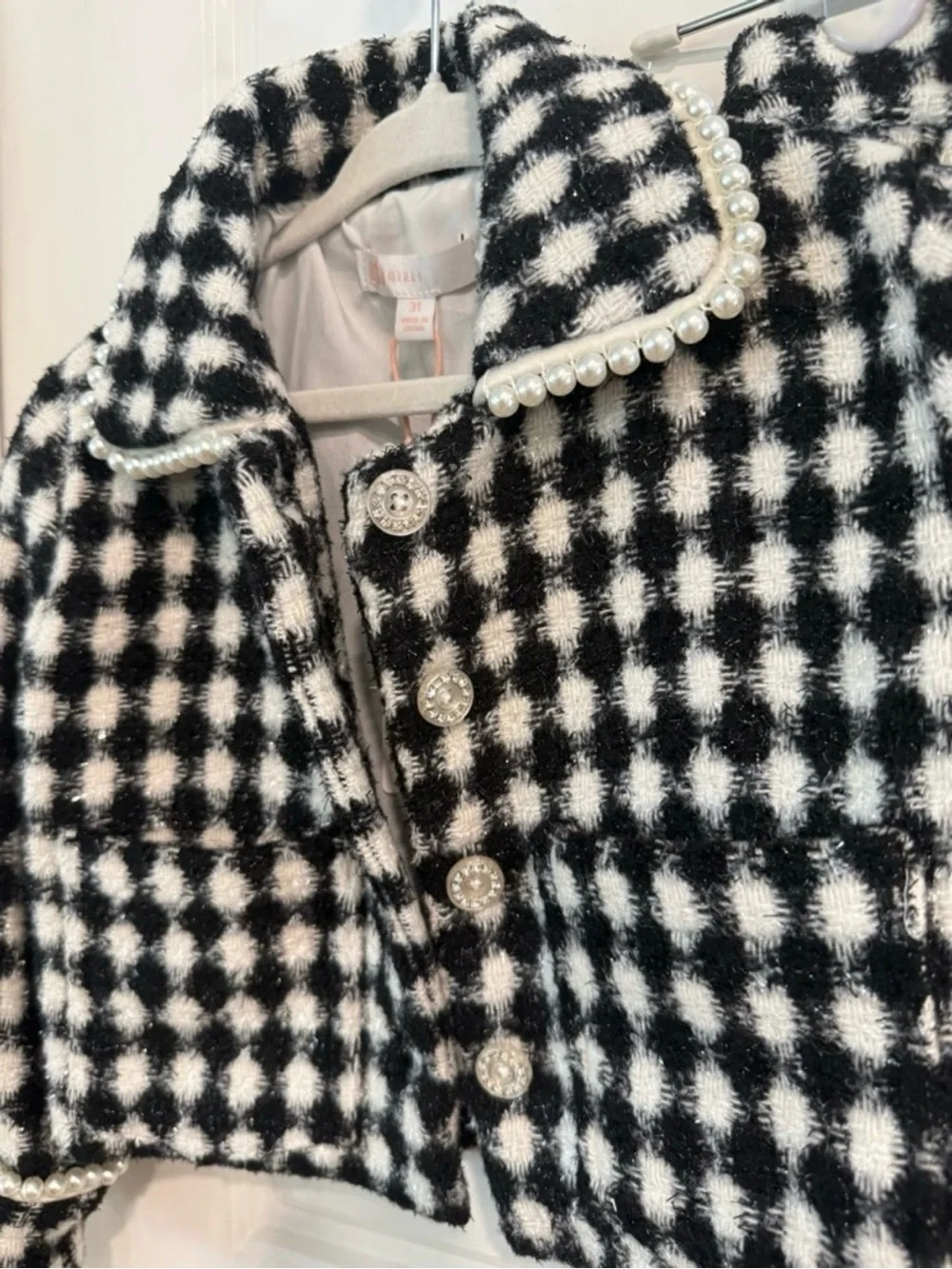 GB Girls Gianni Bini 3T Black White Checkered Tweed Pearl Jacket Skirt Set NWT